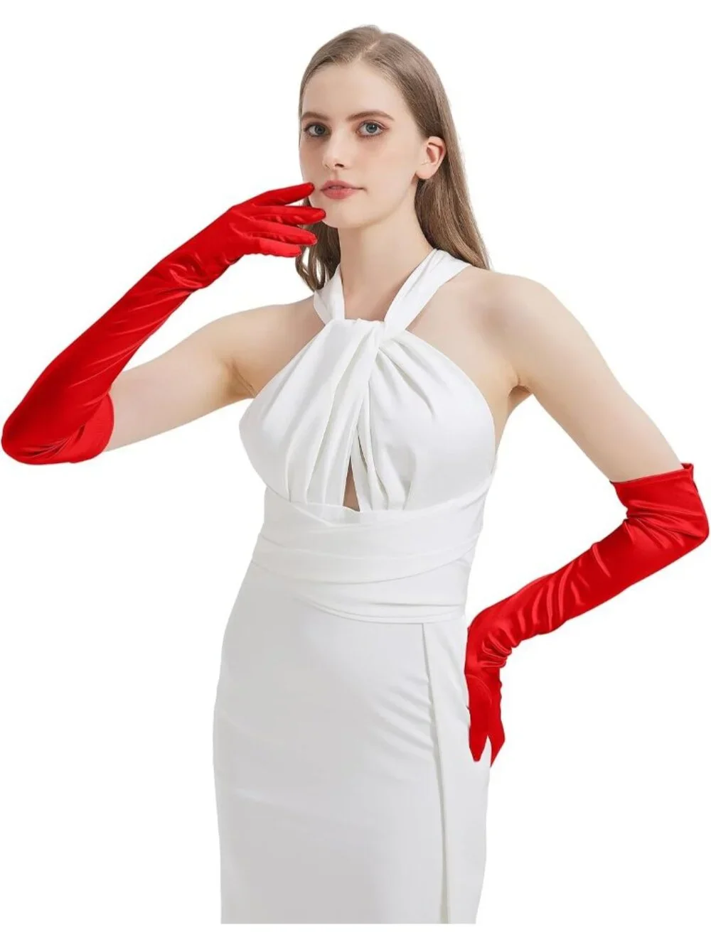 Women's Red Satin Opera Elbow Length 1920s Flapper Long Gloves Party